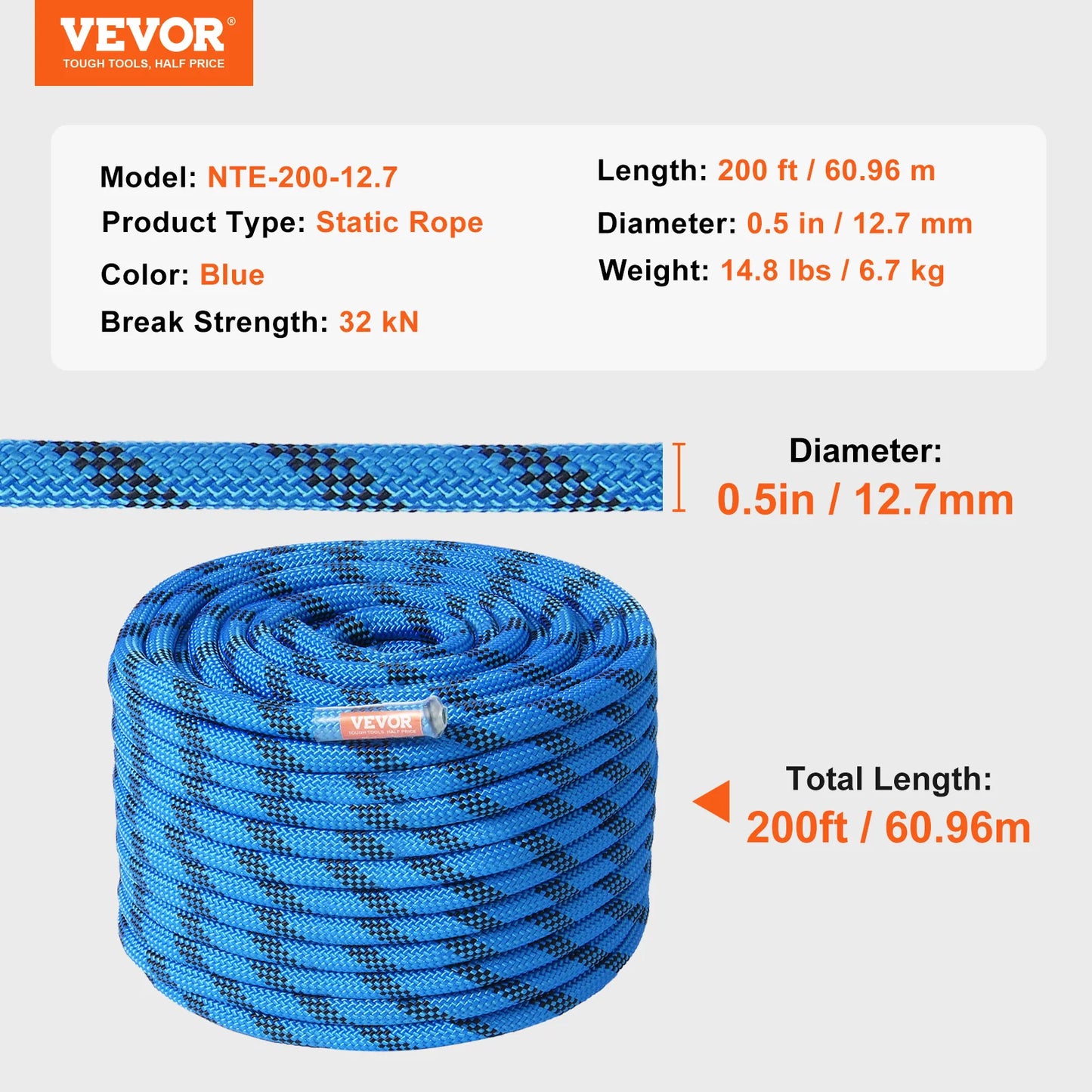 VEVOR 12.7mm Static Climbing Rope 125to200ft 30kN Outdoor