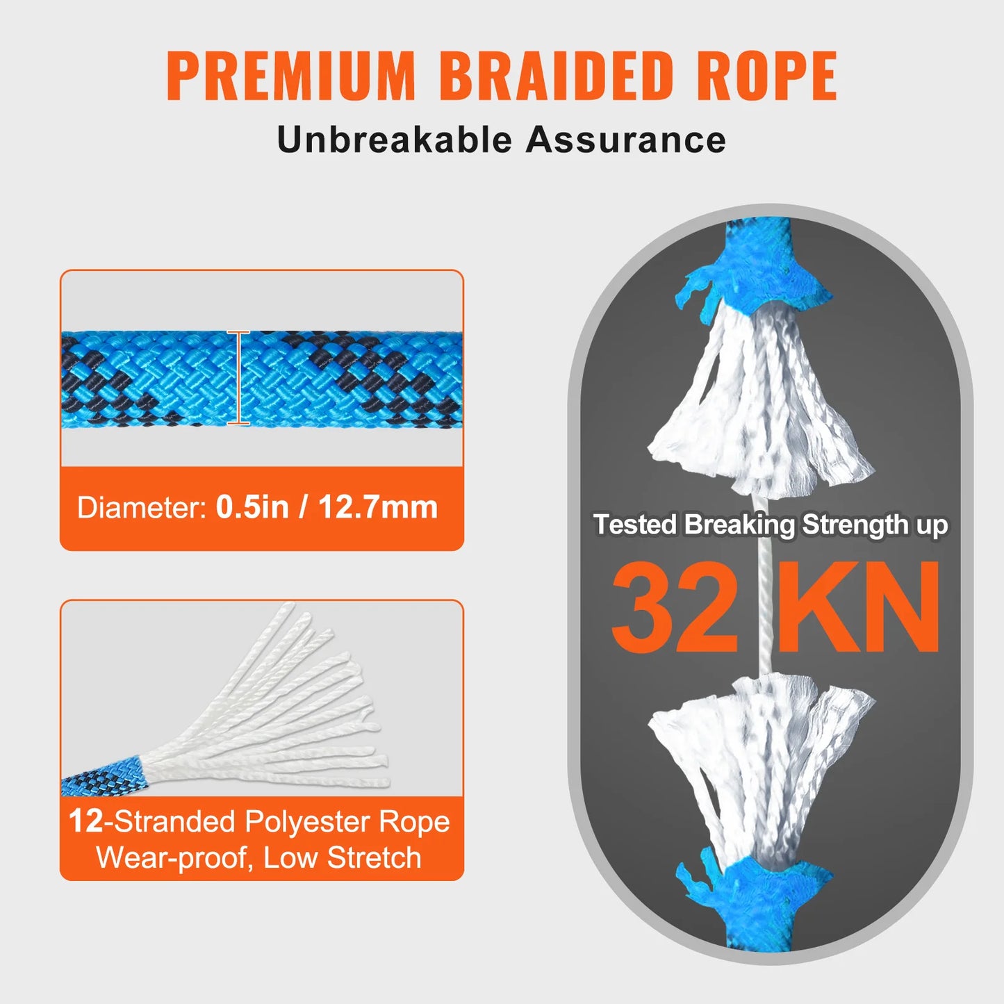 VEVOR 12.7mm Static Climbing Rope 125to200ft 30kN Outdoor