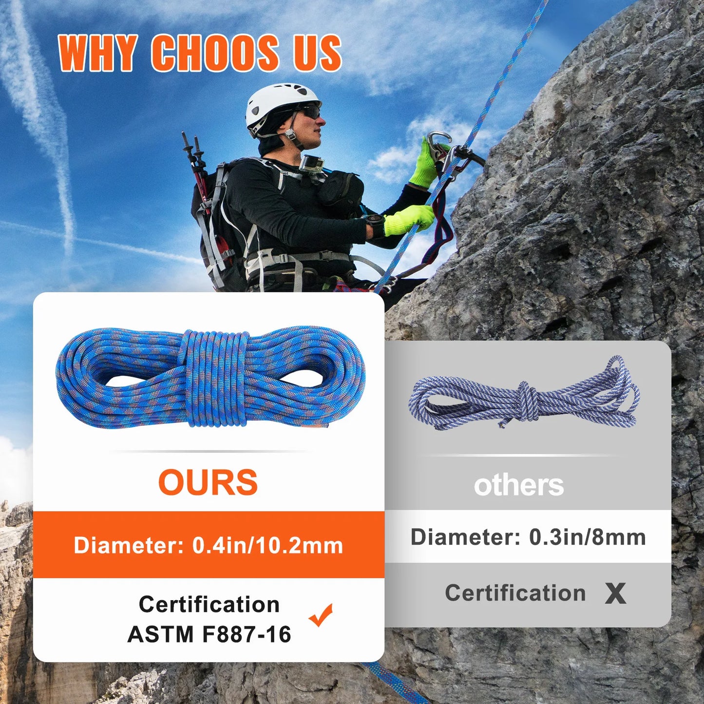 SucceBuy Dynamic Climbing Rope 197 Feet Blue