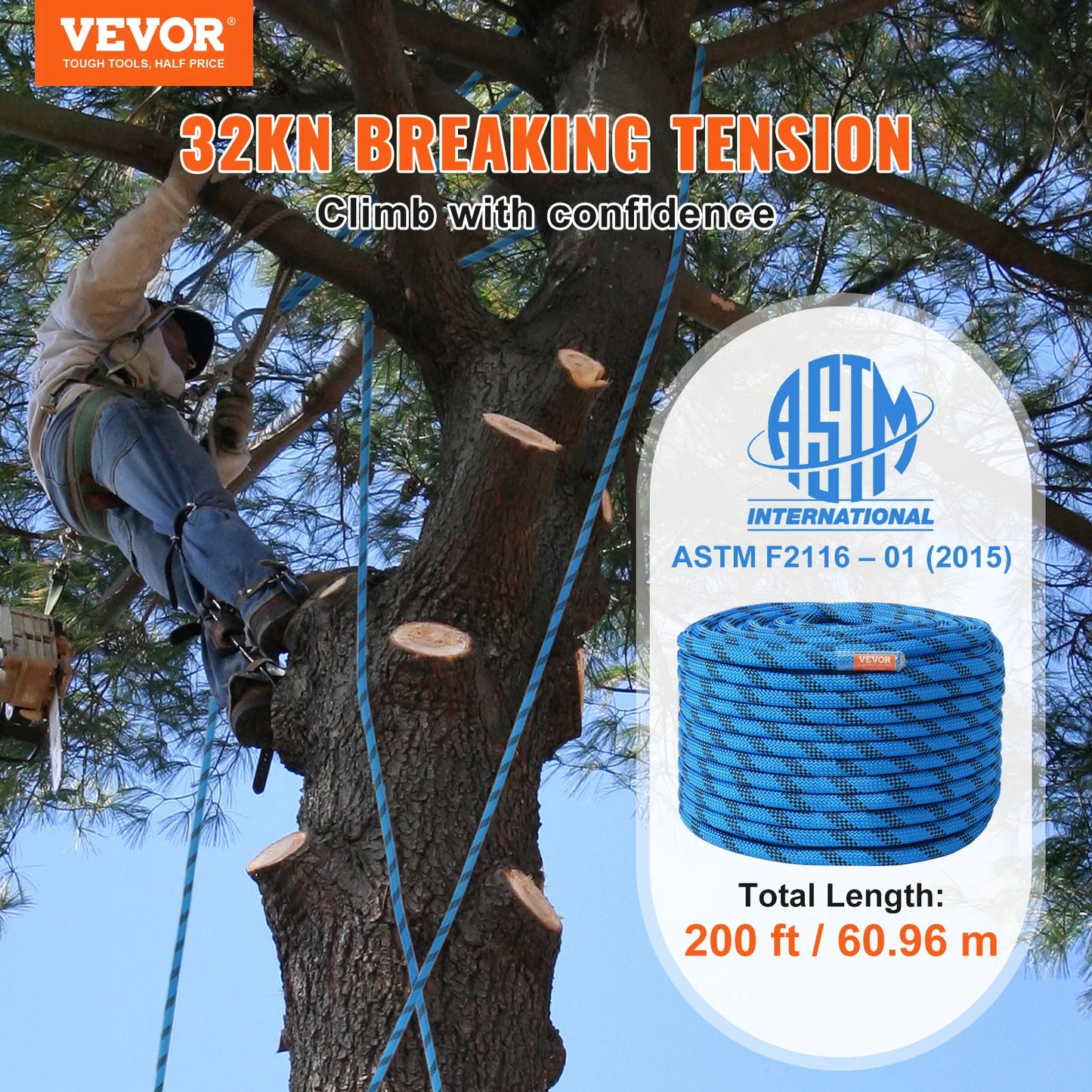 VEVOR 12.7mm Static Climbing Rope 125to200ft 30kN Outdoor