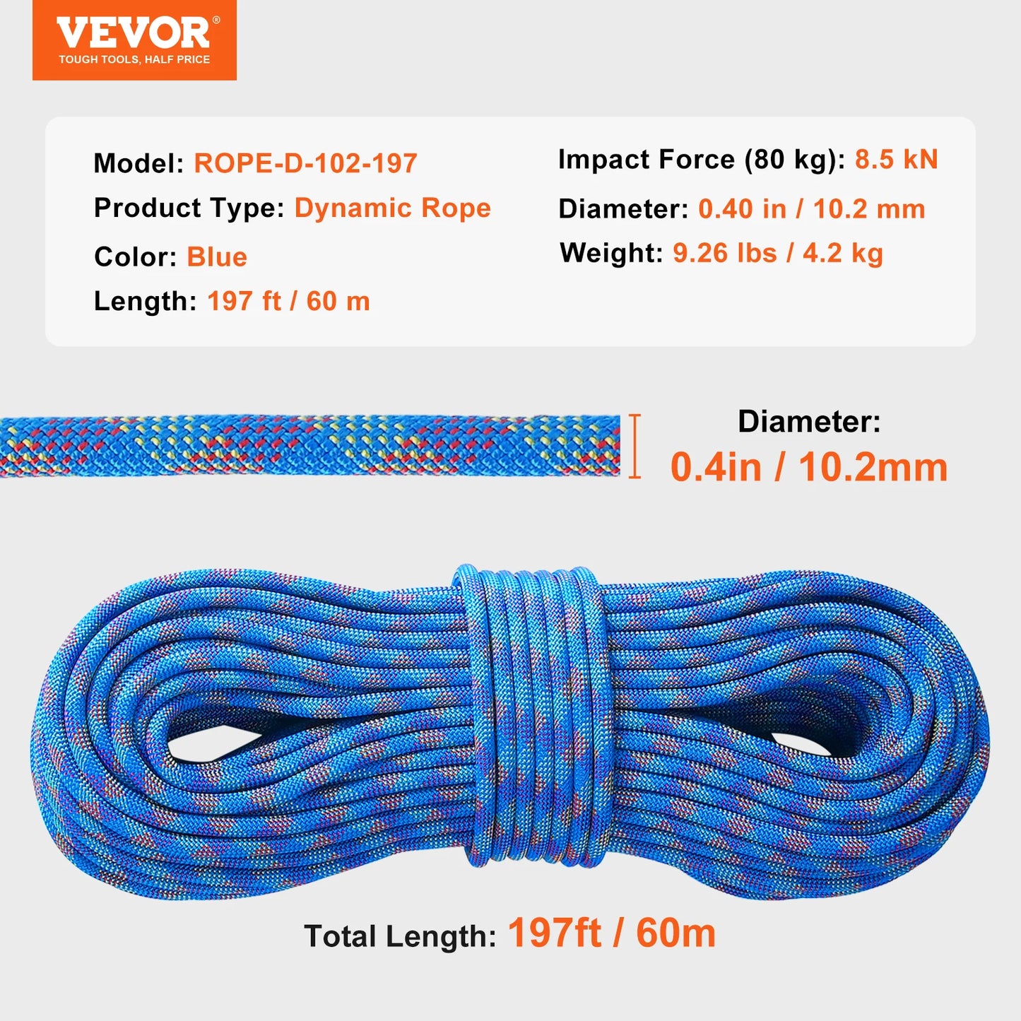 SucceBuy Dynamic Climbing Rope 197 Feet Blue