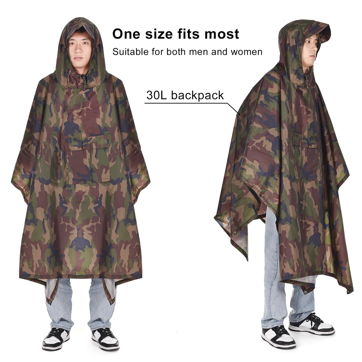 Men Women Trekking Hooded Rain Poncho with Pocket Waterproof Rain Coat Jacket Sun Shelter for Camping Hiking Traveling