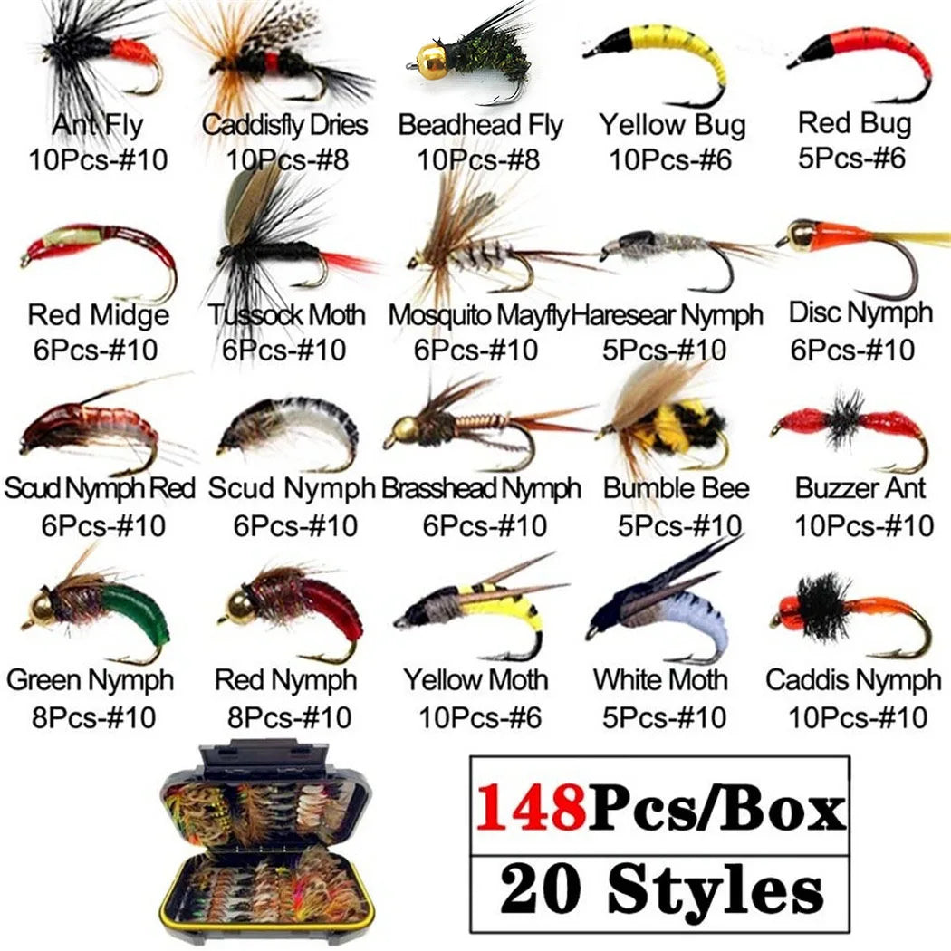 40-148 Pieces/Box Trout Fly Fishing Assorted Flies Kit
