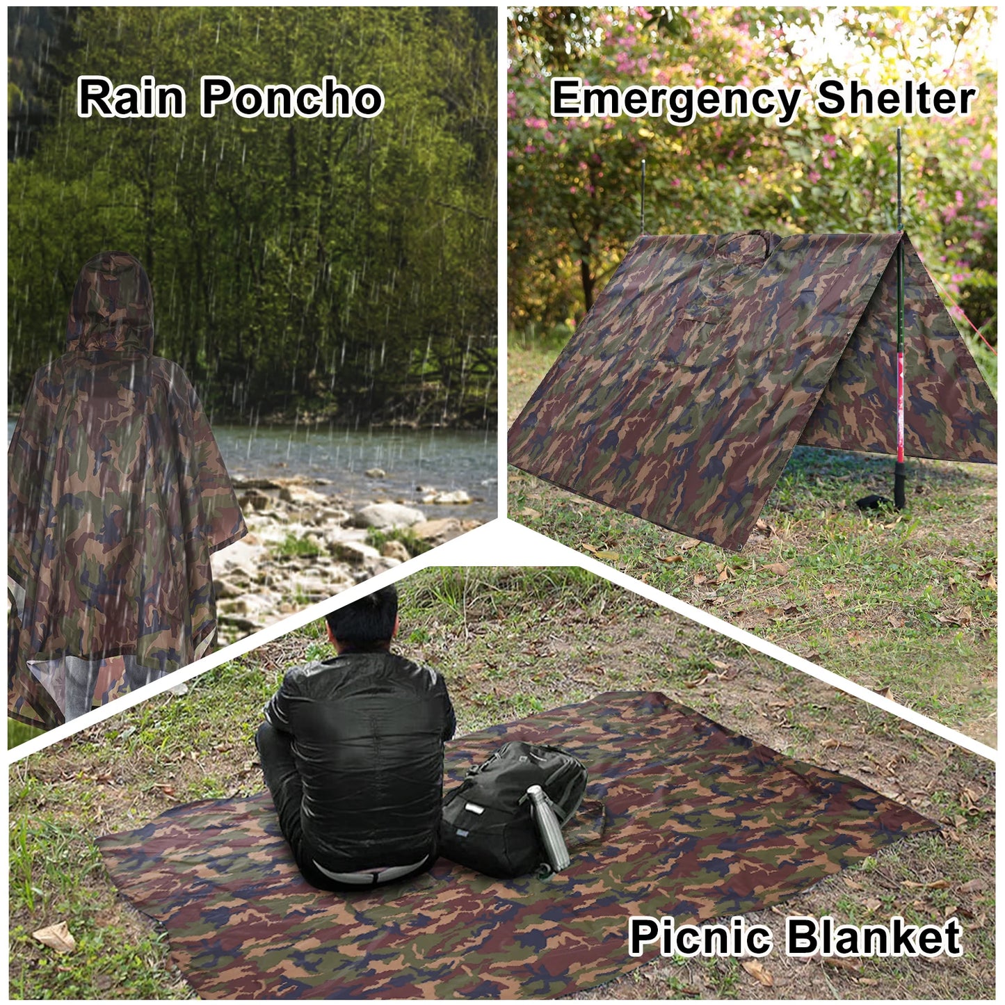 Men Women Trekking Hooded Rain Poncho with Pocket Waterproof Rain Coat Jacket Sun Shelter for Camping Hiking Traveling