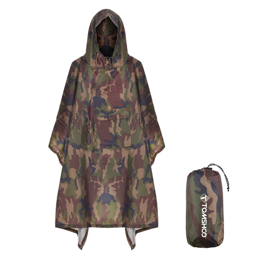 Men Women Trekking Hooded Rain Poncho with Pocket Waterproof Rain Coat Jacket Sun Shelter for Camping Hiking Traveling