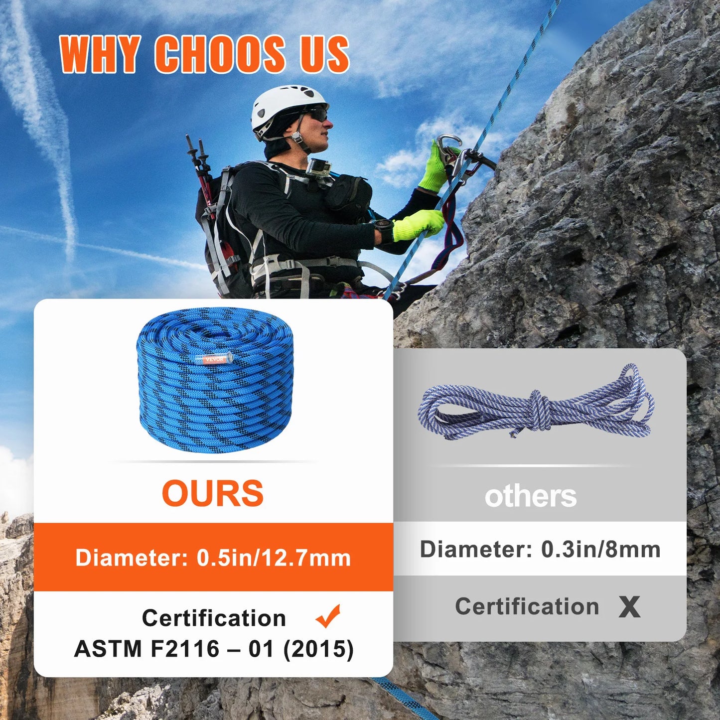 VEVOR 12.7mm Static Climbing Rope 125to200ft 30kN Outdoor