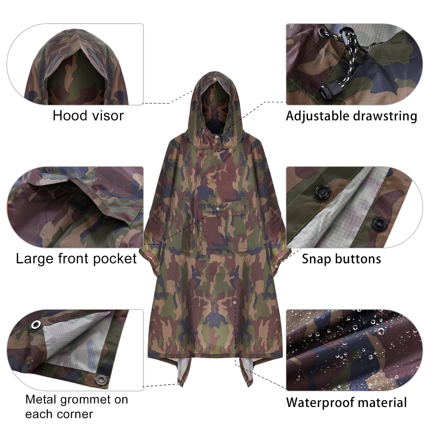 Men Women Trekking Hooded Rain Poncho with Pocket Waterproof Rain Coat Jacket Sun Shelter for Camping Hiking Traveling