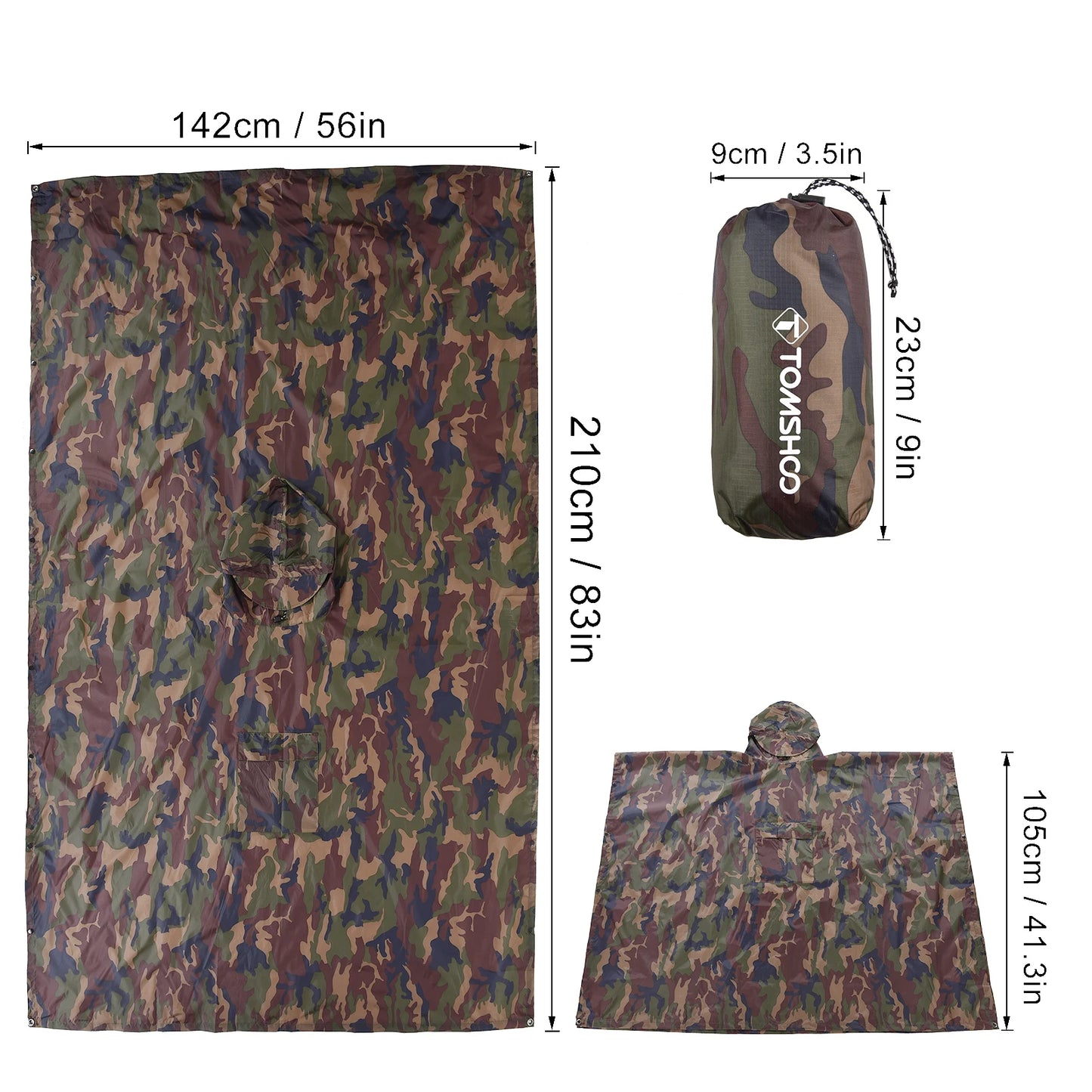 Men Women Trekking Hooded Rain Poncho with Pocket Waterproof Rain Coat Jacket Sun Shelter for Camping Hiking Traveling