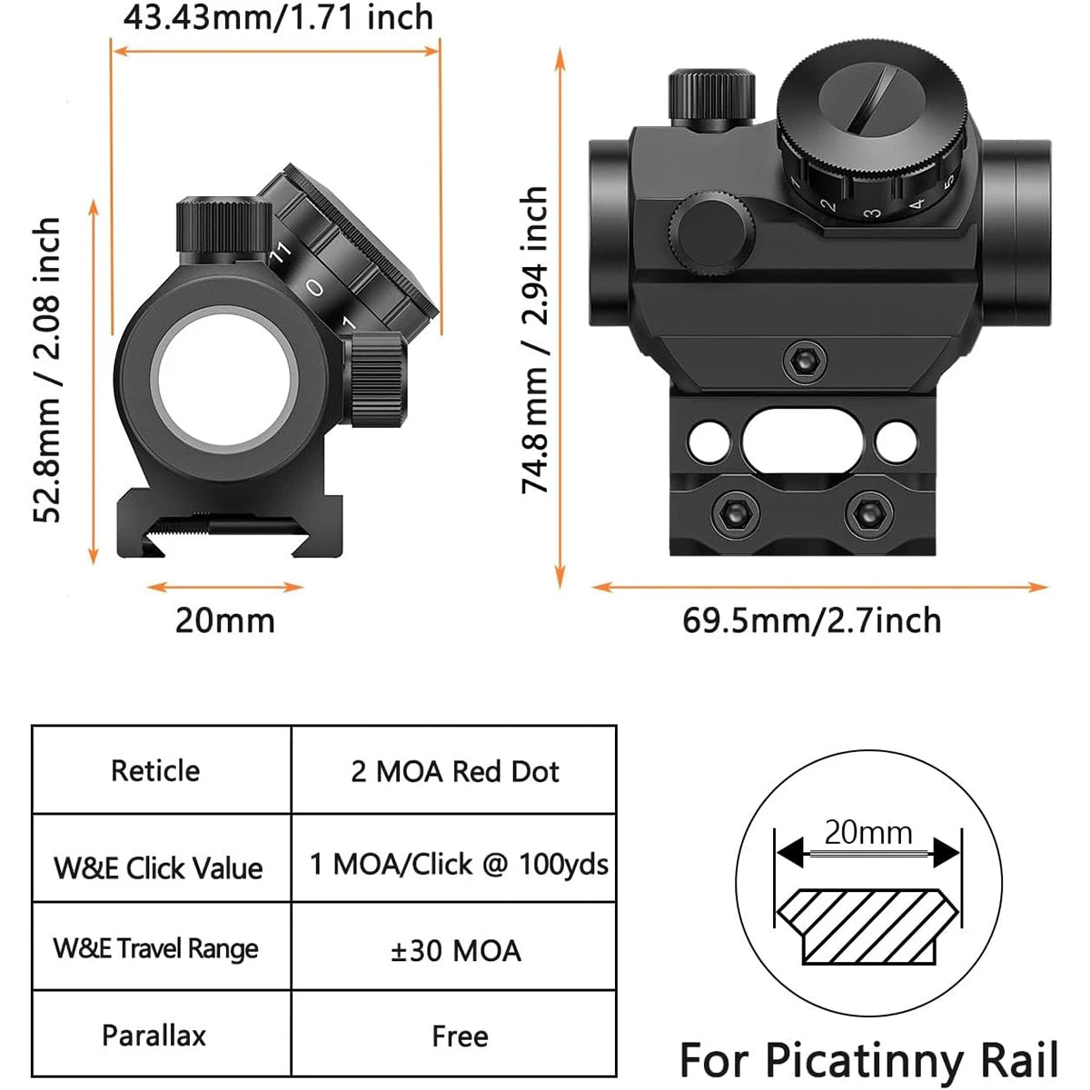 2MOA Red Dot Sight 1x25mm Waterproof Shockproof Scope